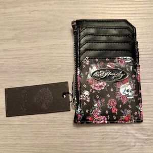 NWT Ed Hardy Card Case Card Holder - Skulls Roses Flowers On Black Y2K Tattoo